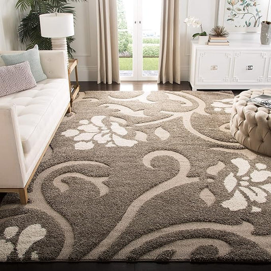 SAFAVIEH Florida Shag Collection Area Rug - 4' Square, Smoke & Beige, Floral Design, Non-Shedding & Easy Care, 1.2-inch Thick Ideal for High Traffic Areas in Living Room, Bedroom (SG464-7913)