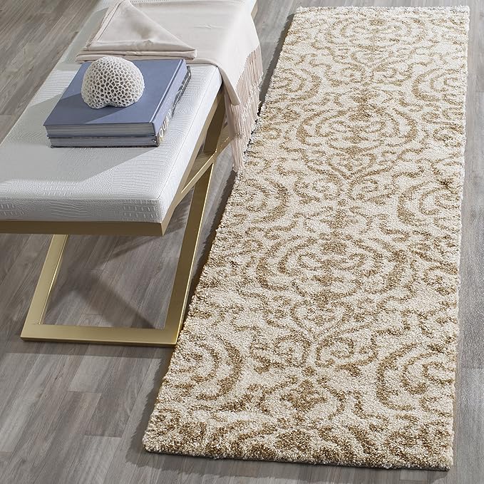 SAFAVIEH Florida Shag Collection Accent Rug - 2'3" x 4', Cream & Beige, Damask Design, Non-Shedding & Easy Care, 1.2-inch Thick Ideal for High Traffic Areas in Foyer, Living Room, Bedroom (SG462-1113)