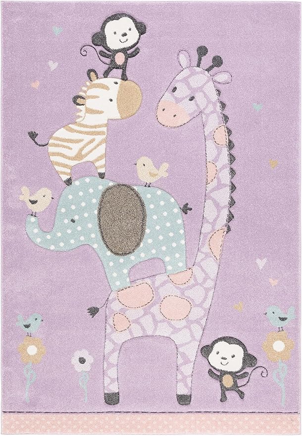 SAFAVIEH Carousel Kids Collection Area Rug - 5'3" x 7'6", Purple, Animal Design, Ideal for High Traffic Area for Boys & Girls in Playroom, Nursery, Bedroom (CRK120V-5)