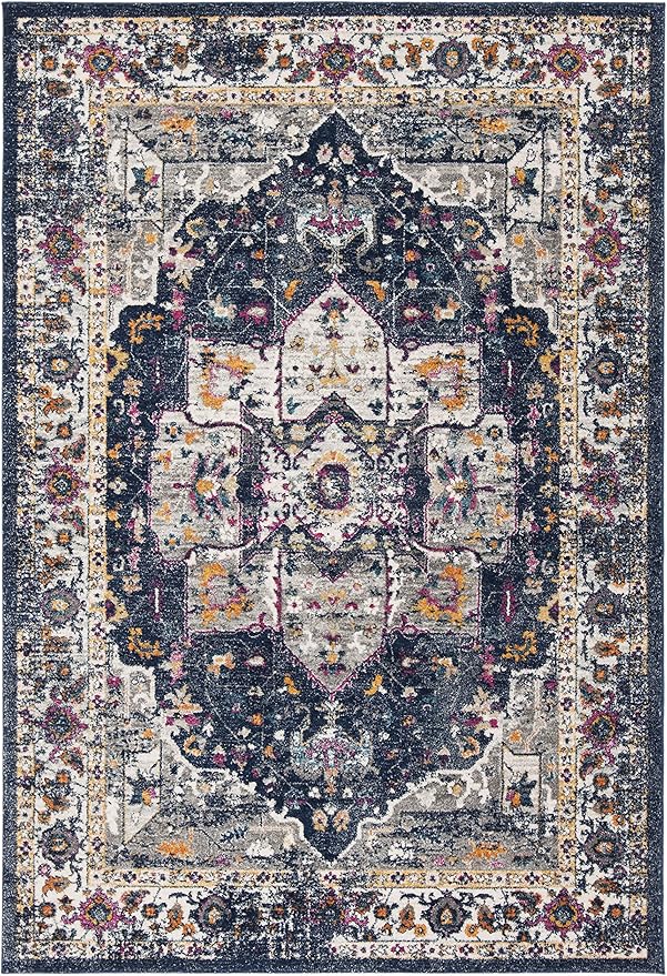 SAFAVIEH Evoke Collection Area Rug - 6'7" x 9', Navy & Grey, Oriental Medallion Distressed Design, Non-Shedding & Easy Care, Ideal for High Traffic Areas in Living Room, Bedroom (EVK275N)