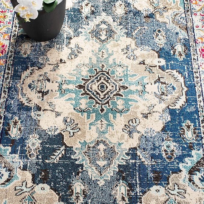 SAFAVIEH Monaco Collection Runner Rug - 2'2" x 22', Navy & Light Blue, Non-Shedding & Easy to Clean, Distressed Medallion Design, Ideal for Hallway, Foyer, Entryway, Kitchen, Bedroom (MNC243N)