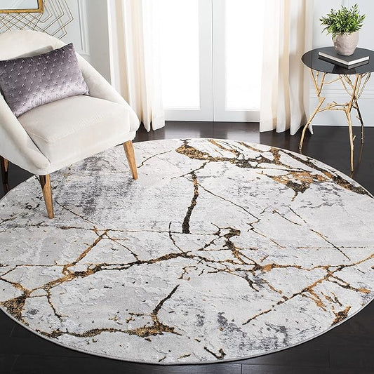 SAFAVIEH Amelia Collection 5' Round Grey/Gold ALA293G Modern Abstract Non-Shedding Living Room Dining Bedroom Foyer Area Rug