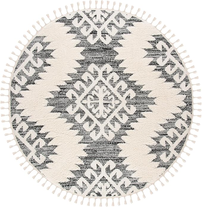 SAFAVIEH Moroccan Tassel Shag Collection Area Rug - 10' Round, Ivory & Grey, Boho Design, Non-Shedding & Easy Care, 2-inch Thick Ideal for High Traffic Areas in Living Room, Bedroom (MTS652F)