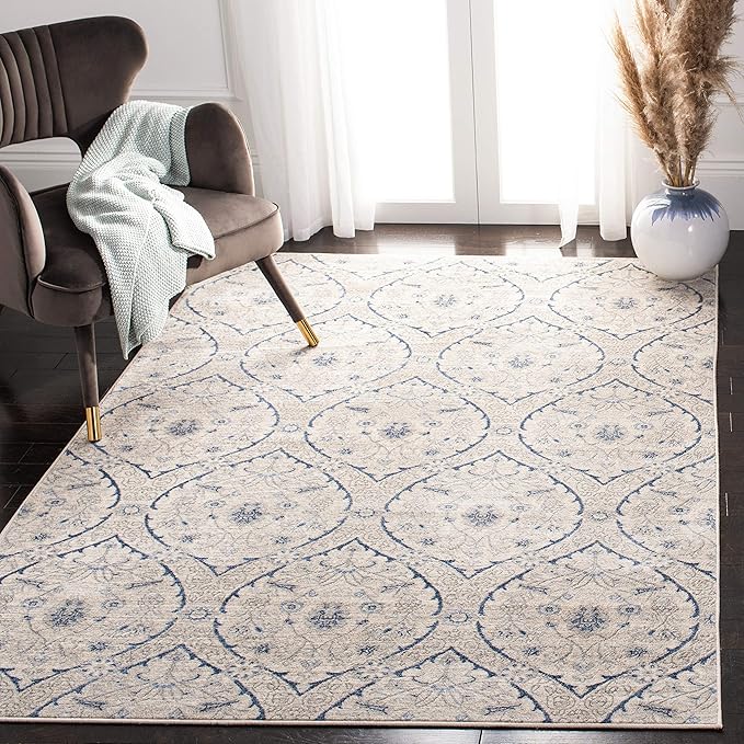 SAFAVIEH Brentwood Collection Area Rug - 6' x 9', Light Grey & Blue, Floral Damask Ogee Trellis Design, Non-Shedding & Easy Care, Ideal for High Traffic Areas in Living Room, Bedroom (BNT860G)