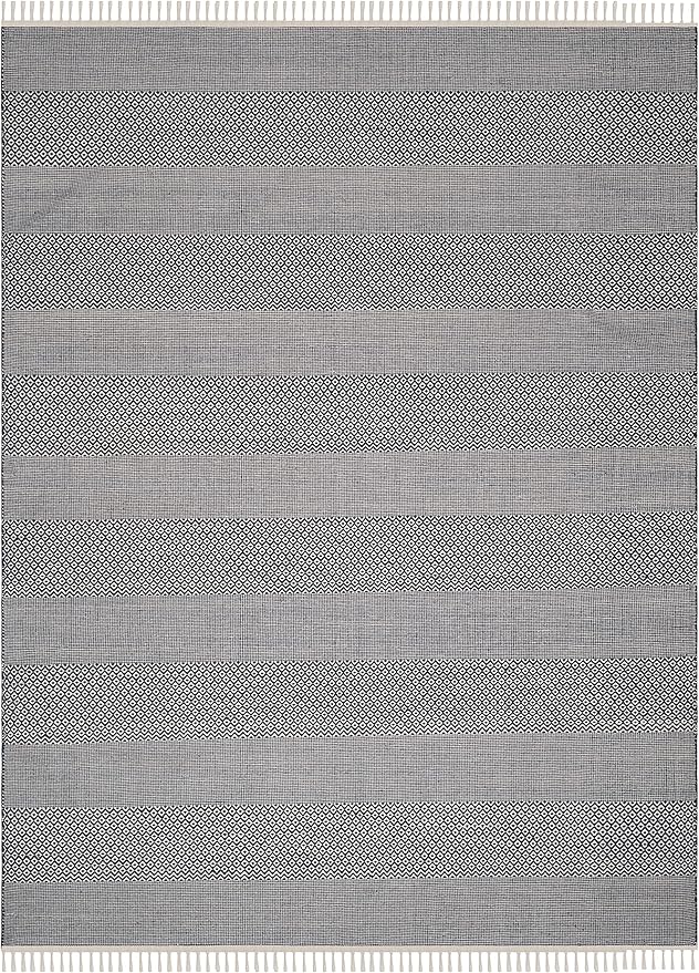 SAFAVIEH Montauk Collection Area Rug - 8' x 10', Ivory & Navy, Handmade Flat Weave Boho Farmhouse Cotton Tassel Fringe, Ideal for High Traffic Areas in Living Room, Bedroom (MTK330B)