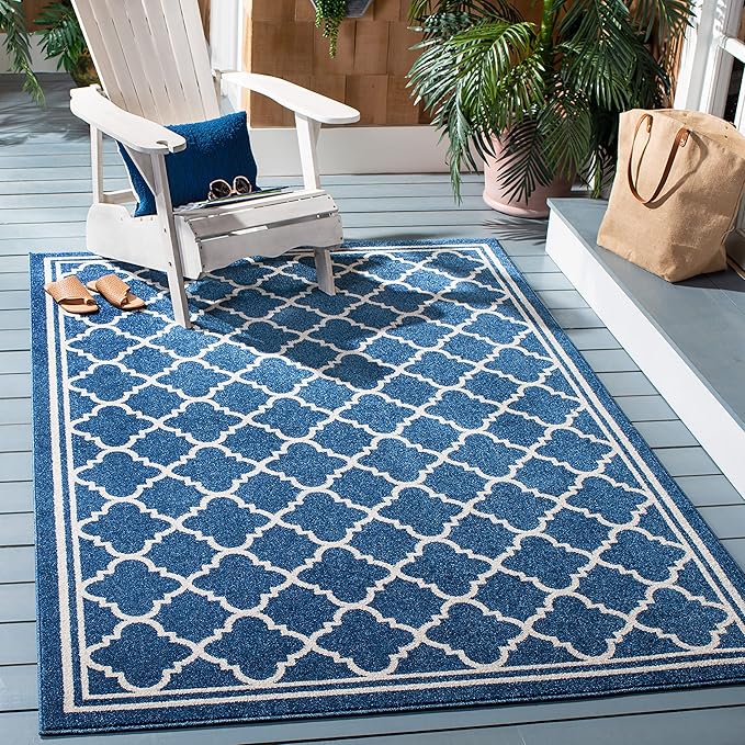 SAFAVIEH Amherst Collection X-Large Area Rug - 11' x 15', Navy & Beige, Moroccan Trellis Design, Non-Shedding & Easy Care, Ideal for High Traffic Areas in Living Room, Bedroom (AMT422P)