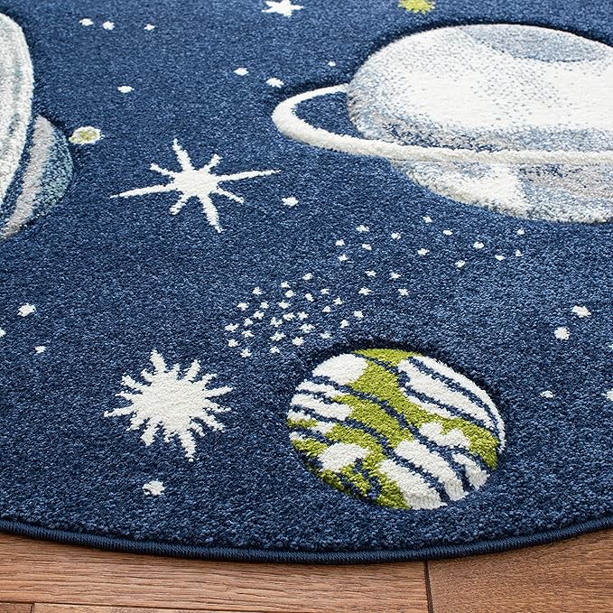 SAFAVIEH Carousel Kids Collection 6'7" Round Navy/Ivory CRK103N Outer Space Non-Shedding Playroom Nursery Bedroom Area Rug