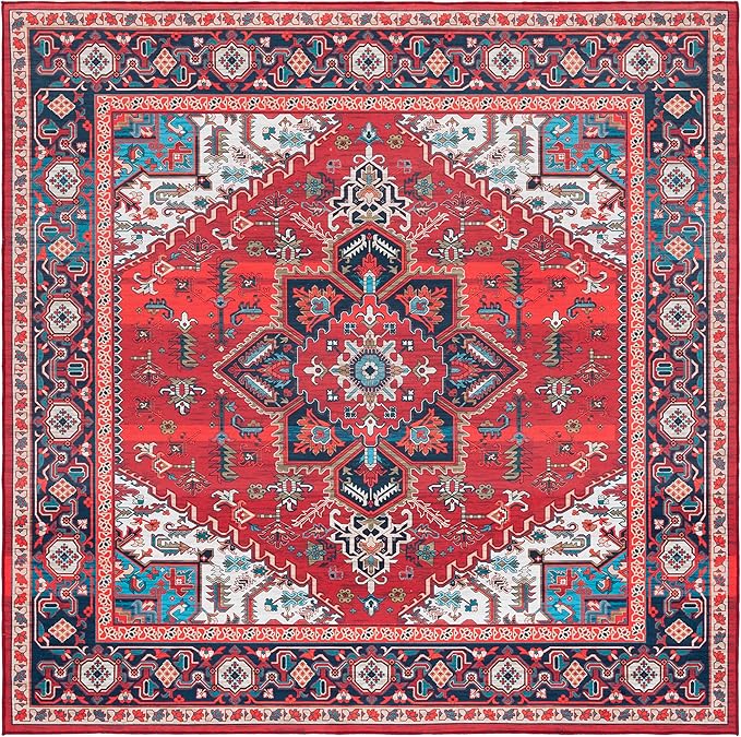 SAFAVIEH Washable Rug Tucson Collection - 6'6' Square, Red & Blue, Slip Resistant & Easy to Clean, Ideal for Living Room, Bedroom, Dining Space (TSN101Q)