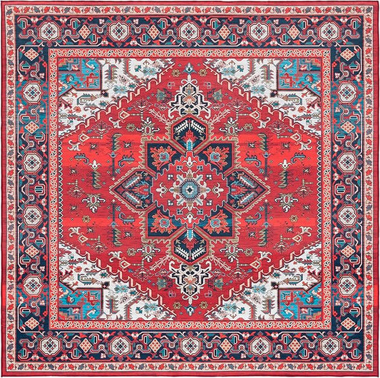SAFAVIEH Washable Rug Tucson Collection - 6'6' Square, Red & Blue, Slip Resistant & Easy to Clean, Ideal for Living Room, Bedroom, Dining Space (TSN101Q)