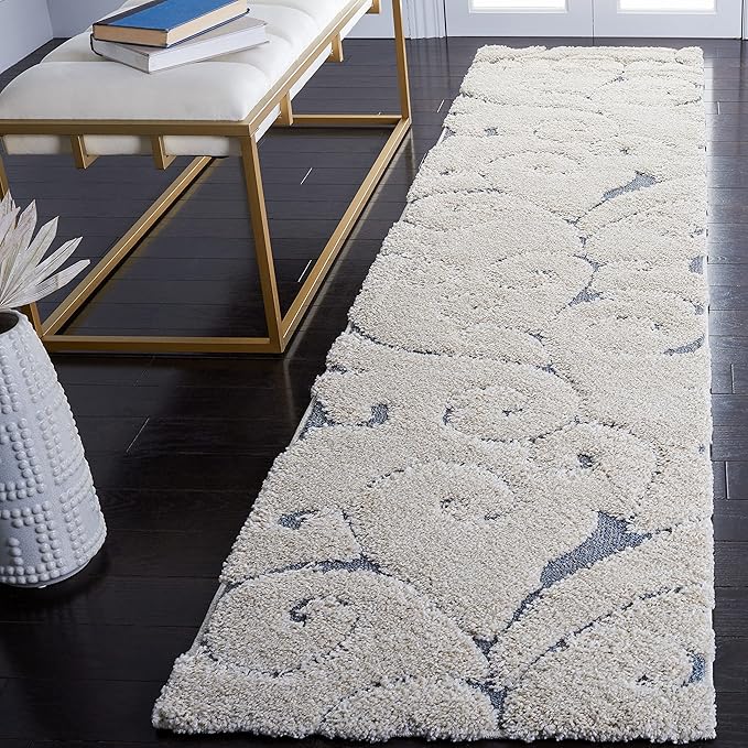 SAFAVIEH Florida Shag Collection Runner Rug - 2'3" x 9', Beige & Blue Grey, Scroll Design, Non-Shedding & Easy to Clean, High-Low Plush Pile, Ideal for Bedroom, Foyer, Hallway (SG455-1155)