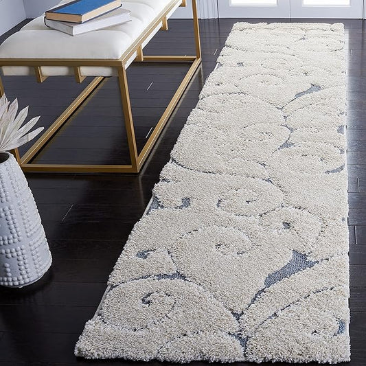SAFAVIEH Florida Shag Collection Runner Rug - 2'3" x 9', Beige & Blue Grey, Scroll Design, Non-Shedding & Easy to Clean, High-Low Plush Pile, Ideal for Bedroom, Foyer, Hallway (SG455-1155)