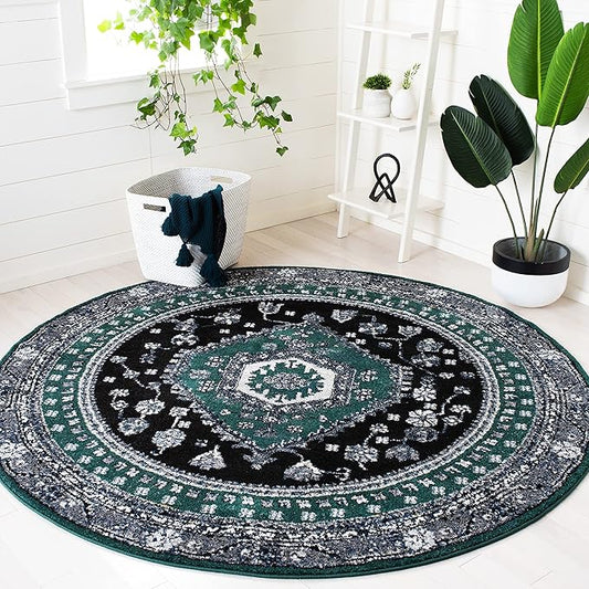 SAFAVIEH Vintage Hamadan Collection Area Rug - 6'7" Round, Green & Black, Traditional Oriental Design, Non-Shedding & Easy Care, Ideal for High Traffic Areas in Living Room, Bedroom (VTH204Y)