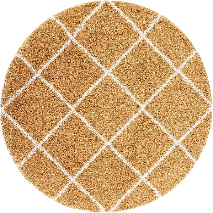 SAFAVIEH Hudson Shag Collection Area Rug - 7' Round, Gold & Ivory, Moroccan Trellis Design, Non-Shedding & Easy Care, 2-inch Thick Ideal for High Traffic Areas in Living Room, Bedroom (SGH281F)