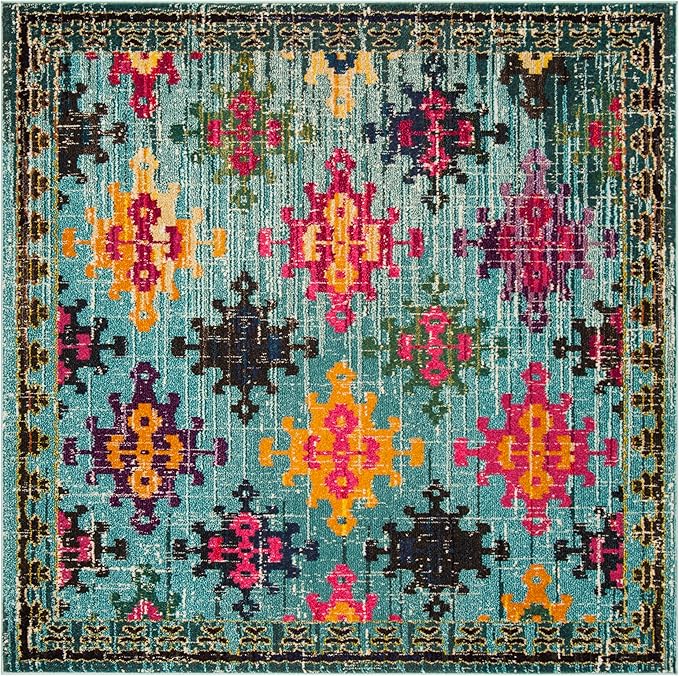 SAFAVIEH Monaco Collection Area Rug - 6'7" Square, Blue & Multi, Boho Diamond Trellis Design, Non-Shedding & Easy Care, Ideal for High Traffic Areas in Living Room, Bedroom (MNC244N)