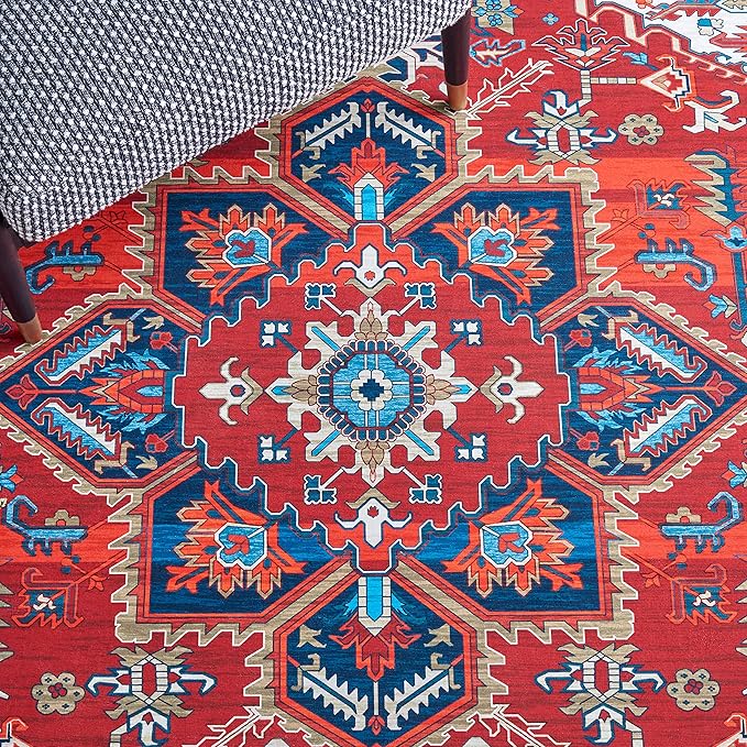 SAFAVIEH Washable Rug Tucson Collection - 2'6' x 8' Runner, Red & Blue, Slip Resistant & Easy to Clean, Ideal for Hallway, Foyer, Entryway, Bedroom (TSN101Q)