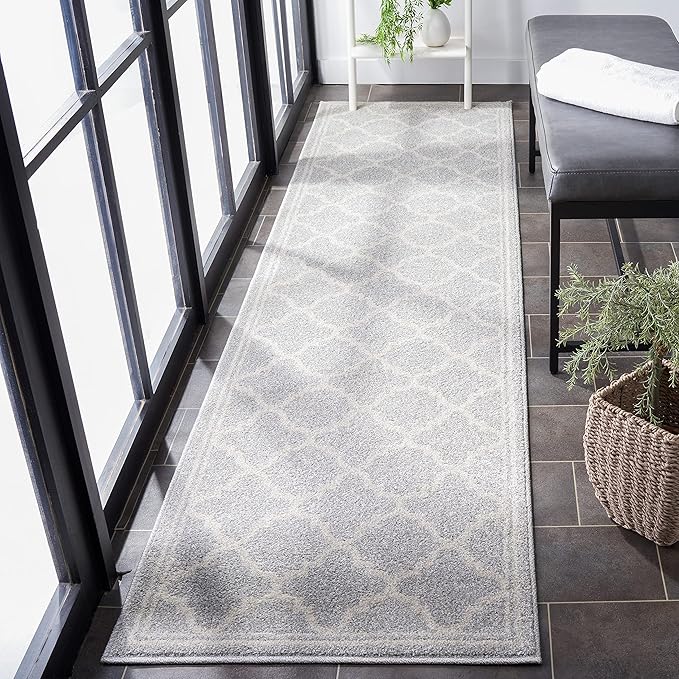 SAFAVIEH Amherst Collection Runner Rug - 2'3" x 17', Light Grey & Beige, Moroccan Trellis Design, Non-Shedding & Easy Care, Ideal for High Traffic Areas in Living Room, Bedroom (AMT422B)