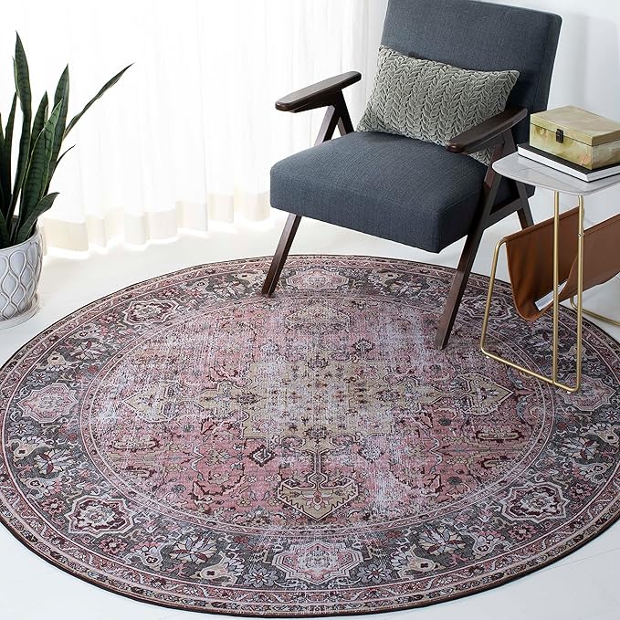 SAFAVIEH Washable Rug Tucson Collection - 6' Round, Pink & Beige, Slip Resistant & Easy to Clean, Ideal for Living Room, Bedroom, Dining Space (TSN144U)