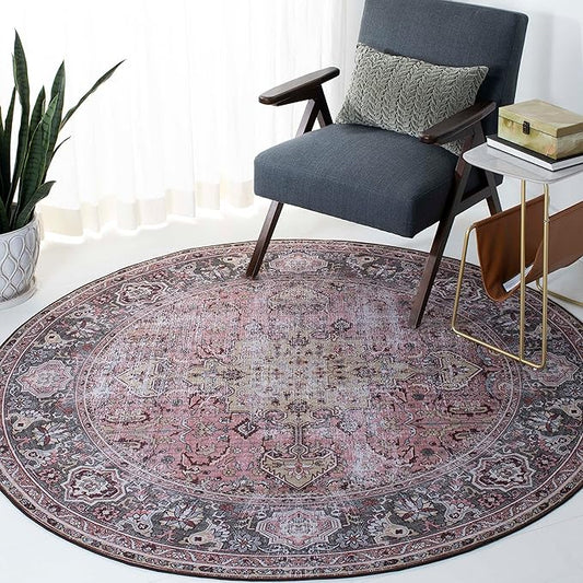 SAFAVIEH Washable Rug Tucson Collection - 6' Round, Pink & Beige, Slip Resistant & Easy to Clean, Ideal for Living Room, Bedroom, Dining Space (TSN144U)