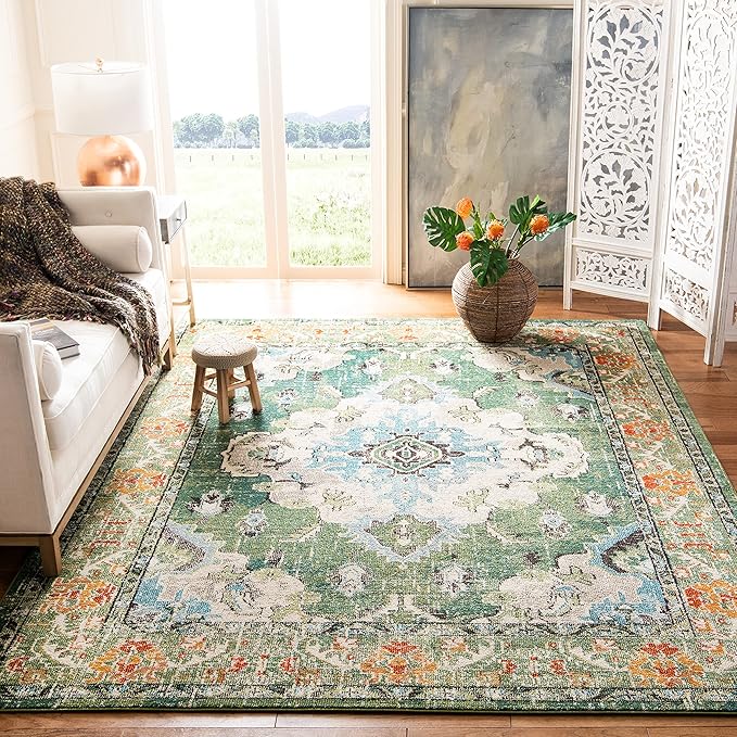 SAFAVIEH Monaco Collection Area Rug - 10' x 14', Forest Green & Light Blue, Non-Shedding & Easy to Clean, Distressed Medallion Design, Ideal for Living Room, Bedroom, Dining Space (MNC243F)