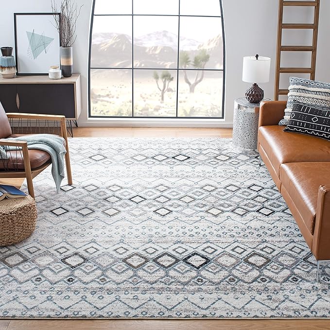 SAFAVIEH Amsterdam Collection Area Rug - 9' x 12', Ivory & Grey, Moroccan Boho Design, Non-Shedding & Easy Care, Ideal for High Traffic Areas in Living Room, Bedroom (AMS108A)