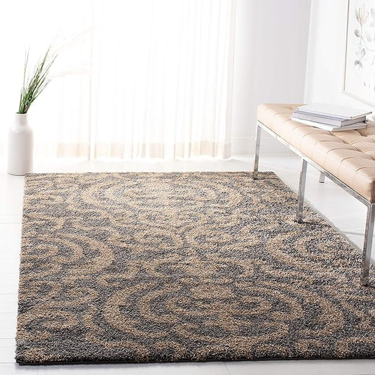SAFAVIEH Florida Shag Collection Area Rug - 4' Square, Grey & Beige, Damask Design, Non-Shedding & Easy Care, 1.2-inch Thick Ideal for High Traffic Areas in Living Room, Bedroom (SG462-8013)