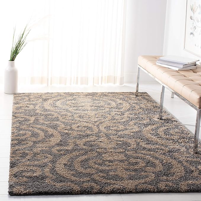 SAFAVIEH Florida Shag Collection Area Rug - 6'7" Square, Grey & Beige, Damask Design, Non-Shedding & Easy Care, 1.2-inch Thick Ideal for High Traffic Areas in Living Room, Bedroom (SG462-8013)