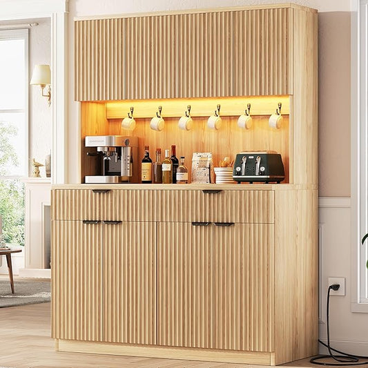 Fluted Kitchen Pantry Storage Cabinet with Charging Station/LED Light/Doors/Shelves, 71'' Tall Kitchen Food Hutch with Microwave Stand for Dining Room Living Room (Natural, 47 * 15.7 * 71)