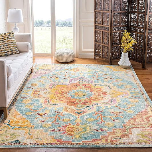 SAFAVIEH Crystal Collection X-Large Area Rug - 11' x 16', Orange & Teal, Medallion Distressed Design, Non-Shedding & Easy Care, Ideal for High Traffic Areas in Living Room, Bedroom (CRS501K)