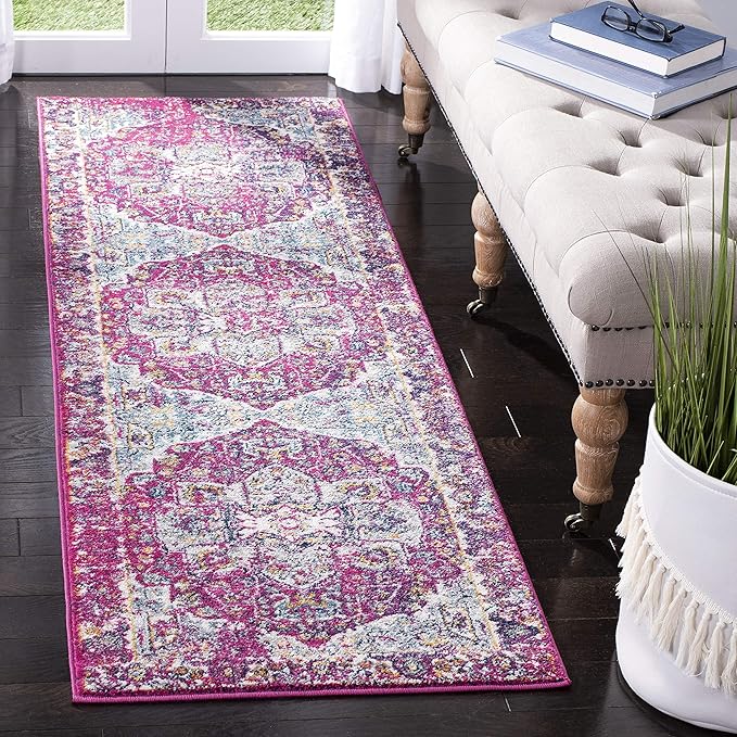 SAFAVIEH Evoke Collection Runner Rug - 2'2" x 7', Fuchsia & Ivory, Oriental Medallion Distressed Design, Non-Shedding & Easy Care, Ideal for High Traffic Areas in Living Room, Bedroom (EVK275R)