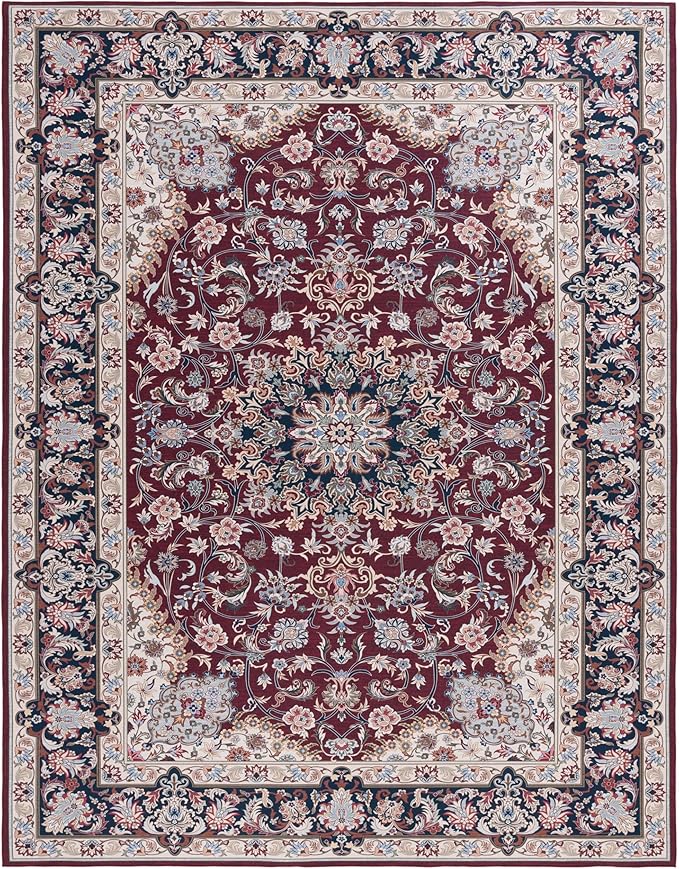 SAFAVIEH Washable Rug Tucson Collection - 8' x 10', Red & Navy, Slip Resistant & Easy to Clean, Ideal for Living Room, Bedroom, Dining Space (TSN135Q)