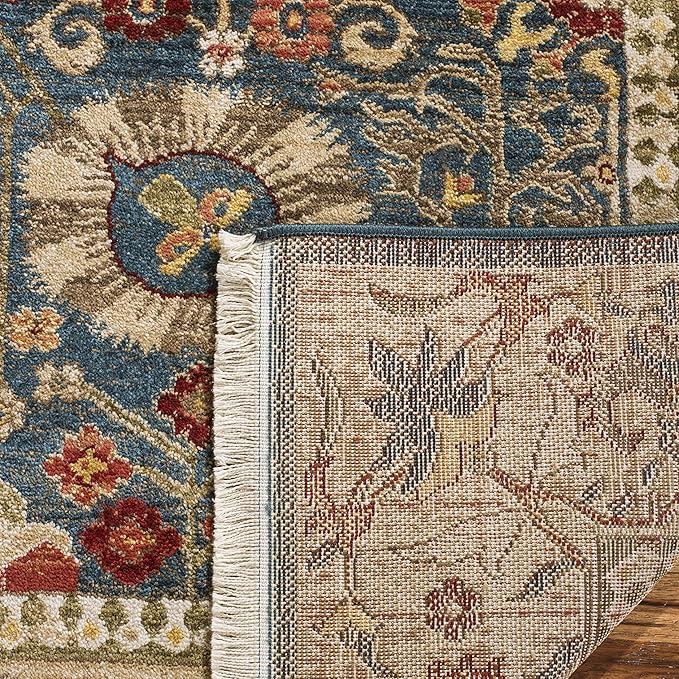 SAFAVIEH Kashan Collection Area Rug - 6'7" x 9', Blue & Tan, Traditional Design, Stain Resistant, Ideal for High Traffic Areas in Living Room, Bedroom & Dining Room (KSN303G-6)