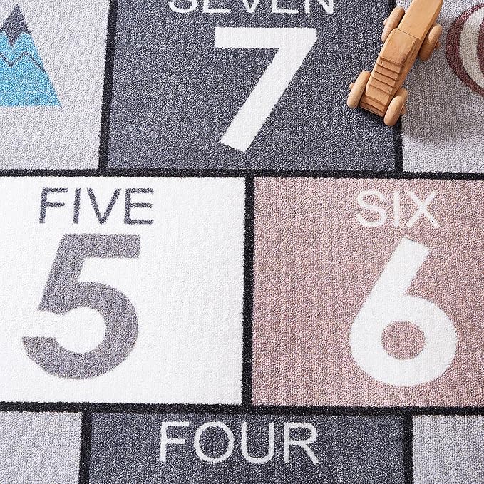 SAFAVIEH Washable Rug Kids Playhouse Collection - 6'7" Square, Grey & Pink, Slip Resistant & Easy to Clean, Ideal for Kids Room, Playroom, Nursery, Boys & Girls Room (KPH226A)