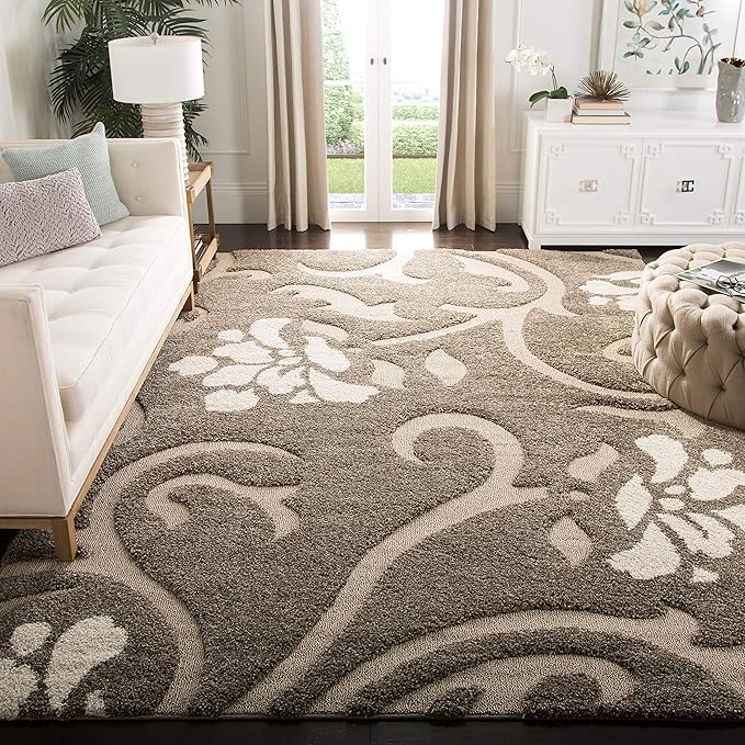 SAFAVIEH Florida Shag Collection Accent Rug - 4' x 6', Smoke & Beige, Floral Design, Non-Shedding & Easy Care, 1.2-inch Thick Ideal for High Traffic Areas in Foyer, Living Room, Bedroom (SG464-7913)