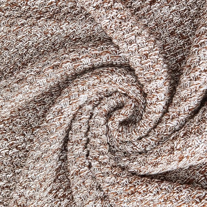 Longhui bedding Coffee Knitted Throw Blanket for Couch, Soft, Cozy Machine Washable 100% Cotton Sofa Knit Blankets, Heavy 4.0lb Weight, 60 x 80 Inches, Coffee and White Color.