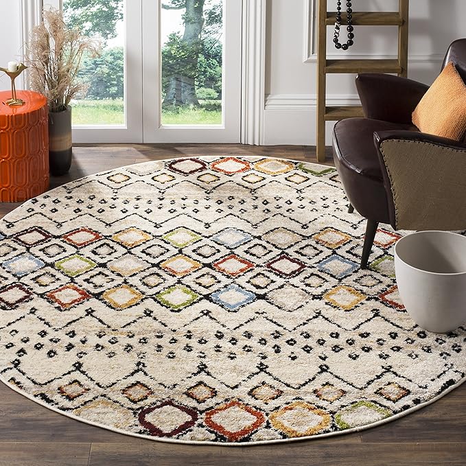 SAFAVIEH Amsterdam Collection Area Rug - 3' Round, Ivory & Multi, Moroccan Boho Design, Non-Shedding & Easy Care, Ideal for High Traffic Areas in Living Room, Bedroom (AMS108K)