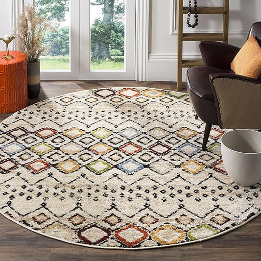 SAFAVIEH Amsterdam Collection Area Rug - 3' Round, Ivory & Multi, Moroccan Boho Design, Non-Shedding & Easy Care, Ideal for High Traffic Areas in Living Room, Bedroom (AMS108K)