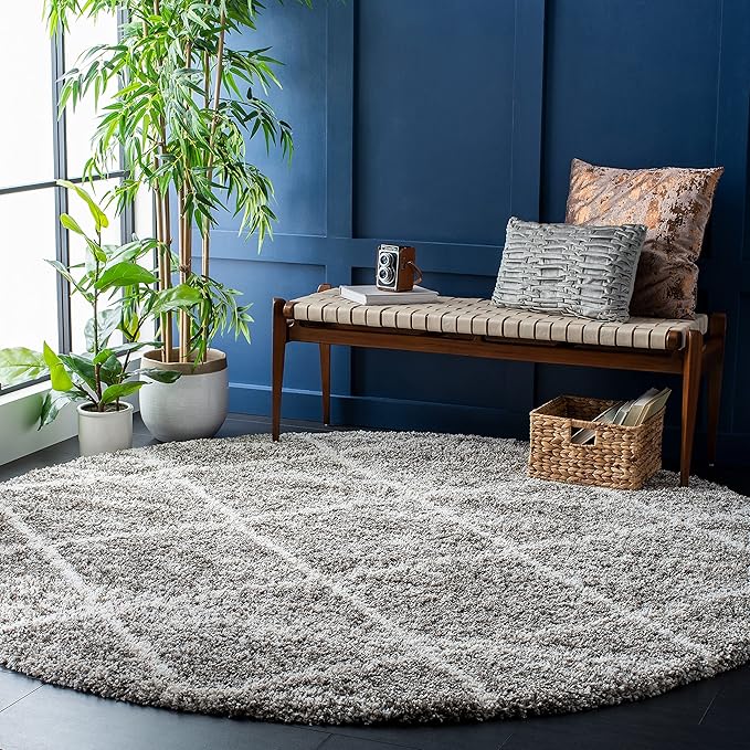 SAFAVIEH Hudson Shag Collection 5' Round Distressed Grey/Ivory SGH281K Modern Diamond Trellis Non-Shedding 2-inch Thick Area Rug