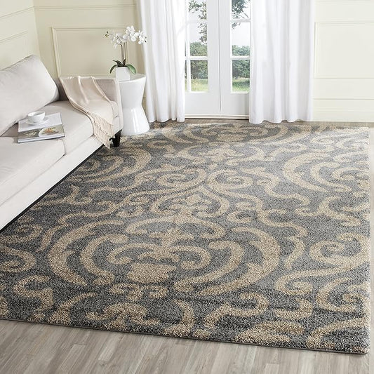 SAFAVIEH Florida Shag Collection Area Rug - 8'6" x 12', Grey & Beige, Damask Design, Non-Shedding & Easy Care, 1.2-inch Thick Ideal for High Traffic Areas in Living Room, Bedroom (SG462-8013)
