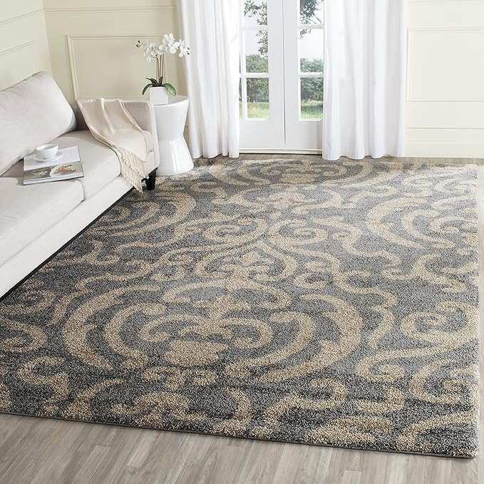 SAFAVIEH Area Rug 8x10 - Florida Shag Collection - Large - Grey & Beige, Damask Pattern, Non-Shedding & Easy Cleaning, Plush Thick Pile, Ideal for Living Room, Bedroom, Dining Space (SG462013)
