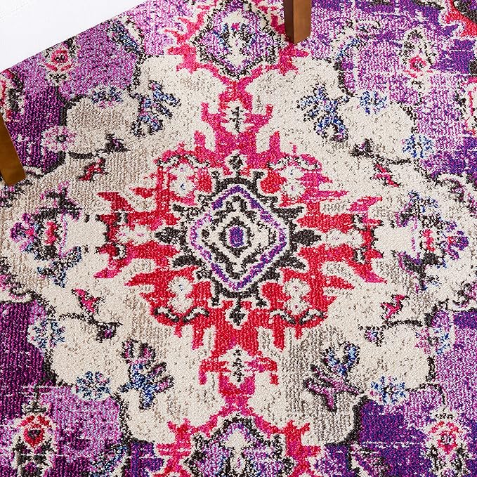 SAFAVIEH Monaco Collection Area Rug - 5'1" x 7'7", Violet & Fuchsia, Non-Shedding & Easy to Clean, Distressed Medallion Design, Ideal for Living Room, Bedroom, Dining Space (MNC243P)
