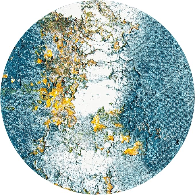 SAFAVIEH Glacier Collection Area Rug - 6'7" Round, Blue & Gold, Modern Abstract Design, Non-Shedding & Easy Care, Ideal for High Traffic Areas in Living Room, Bedroom (GLA125M)