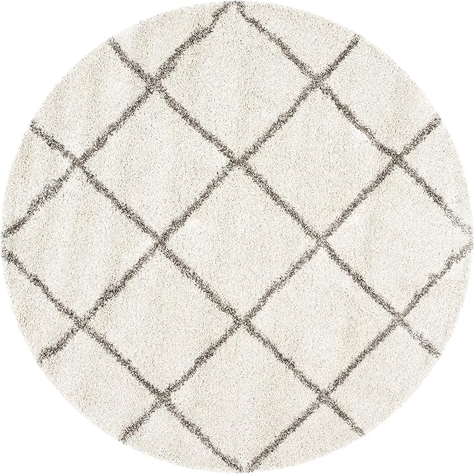 SAFAVIEH Hudson Shag Collection Area Rug - 7' Round, Ivory & Grey, Modern Trellis Design, Non-Shedding & Easy Care, 2-inch Thick Ideal for High Traffic Areas in Living Room, Bedroom (SGH281A)