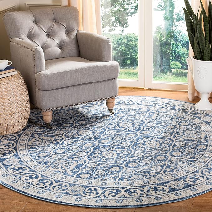 SAFAVIEH Brentwood Collection 5' Round Navy / Light Grey BNT870M Oriental Damask Trellis Non-Shedding Dining Room Entryway Foyer Living Room Bedroom Area Rug