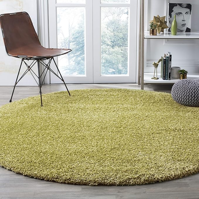 SAFAVIEH Santa Monica Shag Collection 6'7" Round Green SGN725 Solid Non-Shedding Living Room Bedroom Dining Room Entryway Plush 2-inch Thick Area Rug