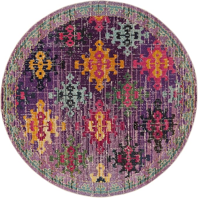 SAFAVIEH Monaco Collection 6'7" Round Purple / Multi MNC244P Boho Diamond Trellis Non-Shedding Dining Room Entryway Foyer Living Room Bedroom Area Rug