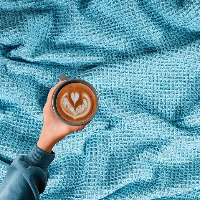 Bed & Bath Home Premium 100% Cotton Waffle Weave Blanket Twin Size – Soft Breathable Lightweight Comfort, Natural All-Season Bed Blanket, Easy-Care Bedspread for Bed & Couch (Blue)