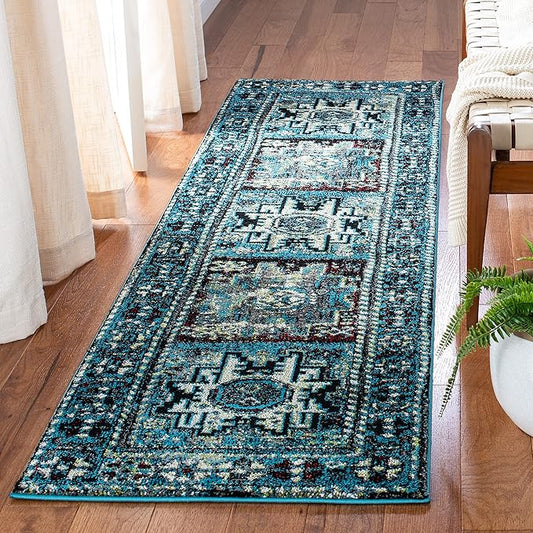 SAFAVIEH Vintage Hamadan Collection Runner Rug - 2'3" x 14', Light Blue & Black, Traditional Oriental Design, Non-Shedding & Easy Care, Ideal for High Traffic Areas in Living Room, Bedroom (VTH213M)