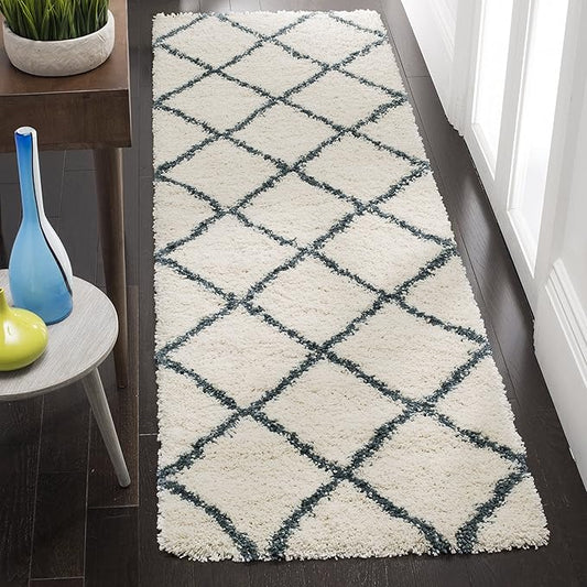 SAFAVIEH Hudson Shag Collection Runner Rug - 2'3" x 10', Ivory & Slate Blue, Trellis Design, Non-Shedding & Easy Care, 2-inch Thick Ideal for High Traffic Areas in Living Room, Bedroom (SGH281T)