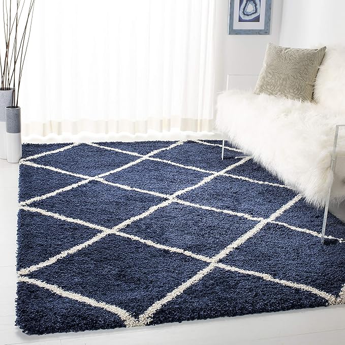 SAFAVIEH Hudson Shag Collection Accent Rug - 4' x 6', Navy & Ivory, Modern Trellis Design, Non-Shedding & Easy Care, 2-inch Thick Ideal for High Traffic Areas in Foyer, Living Room, Bedroom (SGH281C)