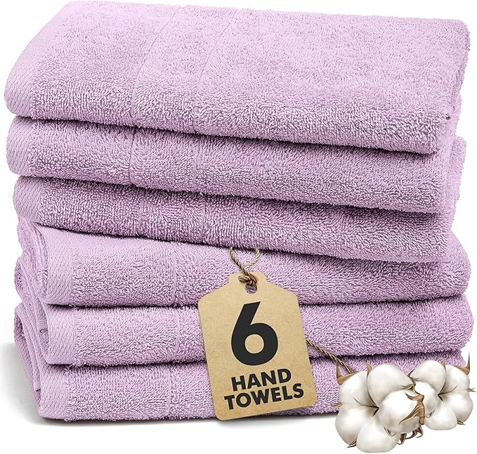 100% Cotton Hand Towels for Bathroom – Soft & Absorbent Towel Set– Pack of 6 Small Towel (34x20in) – Quick Dry Luxury Cotton Hand Towels – Lilac